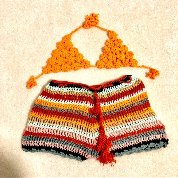 Other - NWT XS/S/M micro bikini set crochet shorts orange striped lace string waist